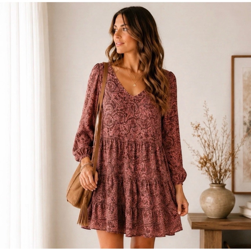 Lucky Brand Womens Small Terracotta Paisley V-Neck Tiered Boho Mini Dress New